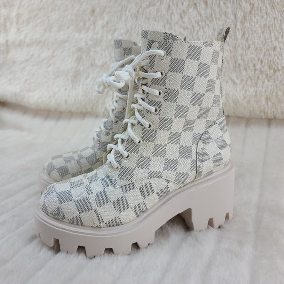 Off White Checker Pattern Platform Boots - Picture 2 of 6